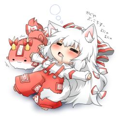 Rule 34 | 1girl, :&lt;, :3, = =, animal ears, bad id, bad pixiv id, blush, bow, cat ears, cat girl, cat tail, chibi, drooling, expressive clothes, fang, female focus, flapping, fujiwara no mokou, hair bow, hair ribbon, horn ornament, horn ribbon, horns, kemonomimi mode, long hair, long sleeves, lowres, lying, ofuda, on back, open mouth, outstretched arms, pants, rebecca (keinelove), ribbon, shirt, silver hair, sleeping, solid circle eyes, solo, sukusuku hakutaku, suspenders, tail, tail ornament, tail ribbon, touhou, translation request