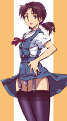 Rule 34 | 1girl, breasts, brown eyes, brown hair, clothes lift, female focus, freckles, garter straps, horaki hikari, kamisimo 90, long hair, looking at viewer, neon genesis evangelion, open mouth, panties, parted lips, school uniform, shiny skin, skirt, skirt lift, small breasts, smile, solo, thighhighs, twintails, underwear, white panties