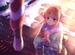 Rule 34 | 1girl, ahoge, artoria pendragon (all), artoria pendragon (fate), blonde hair, braid, closed mouth, fate/stay night, fate (series), flower, french braid, gogatsu fukuin, green eyes, hair flower, hair ornament, highres, japanese clothes, kimono, light particles, light smile, obi, outdoors, own hands together, palms together, saber (fate), sash, shrine, solo, sunlight