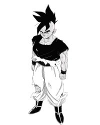 Rule 34 | angry, black eyes, black hair, dragon ball, highres, monochrome, scratches, serious, standing, tagme, torn clothes, uub