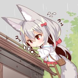 Rule 34 | 1girl, animal ears, bag, barefoot, blush, bow, chibi, closed mouth, commentary request, flying sweatdrops, fox ears, fox girl, fox tail, hair between eyes, hair bow, hair ribbon, hammer, holding, holding hammer, house, jacket, ladder, leaning forward, long hair, long sleeves, looking away, looking down, mouth hold, nail, off shoulder, original, outdoors, patch, pleated skirt, rain, red bow, red eyes, red ribbon, red skirt, ribbon, rooftop, shoulder bag, silk, silver hair, skirt, solo, spider web, tail, very long hair, white jacket, wide sleeves, yuuji (yukimimi)