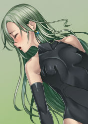 Rule 34 | 10s, 1girl, bad id, bad pixiv id, bare shoulders, blush, breasts, closed eyes, collarbone, covered erect nipples, dutch angle, earrings, elbow gloves, elizabeth liones, gloves, grabbing, grabbing another&#039;s breast, gradient background, green background, green hair, groping, hair over one eye, halterneck, hamada youho, highres, jewelry, leotard, lipstick, long hair, makeup, moaning, nanatsu no taizai, open mouth, outstretched arms, simple background, skin tight, solo focus, turtleneck, unitard, upper body, very long hair, wide hips, wince