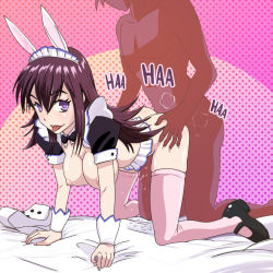 Rule 34 | 10s, 1boy, 1girl, absolute duo, all fours, animal ears, artist request, ass, ass grab, bed, bow, bowtie, breasts, cuffs, detached collar, doggystyle, english text, from behind, hanging breasts, heart, heart-shaped pupils, hetero, large breasts, long hair, looking at viewer, maid, maid headdress, mary janes, nipples, non-web source, pink thighhighs, purple eyes, purple hair, pussy juice, rabbit ears, sex, sex from behind, shoes, symbol-shaped pupils, text focus, thighhighs, tongue, tongue out, tsukimi rito, wrist cuffs