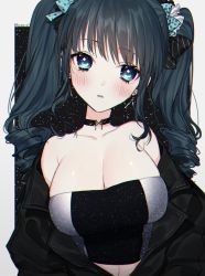 Rule 34 | 1girl, bad id, bad pixiv id, bare shoulders, black bow, black hair, blue eyes, bow, breasts, choker, cleavage, hair bow, jacket, large breasts, long hair, looking at viewer, naomasap, navel, off shoulder, original, parted lips, polka dot, polka dot bow, sidelocks, solo, striped, striped bow, twintails, upper body