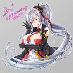 Rule 34 | 1girl, artist request, azur lane, bare shoulders, black coat, black gloves, breasts, cleavage, coat, drake (azur lane), dress, elbow gloves, gloves, grey background, hair between eyes, large breasts, long hair, looking at viewer, microdress, necktie, one eye closed, red dress, red necktie, sheath, sheathed, side ponytail, simple background, sleeveless, sleeveless coat, solo, two-tone dress, upper body, very long hair, white dress, yellow eyes