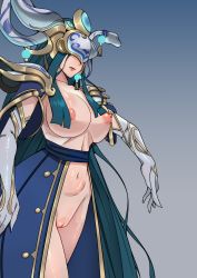 Rule 34 | 1girl, armor, black hair, blue background, breasts, closed mouth, commentary request, elbow gloves, eye mask, gloves, gradient background, grey gloves, hair ornament, highres, large breasts, league of legends, lissandra (league of legends), long hair, moumring (moumring0324), navel, nipples, official alternate costume, porcelain lissandra, pussy, shoulder armor, very long hair