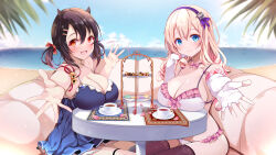 Rule 34 | 2girls, :d, absurdres, alternate costume, azur lane, bare shoulders, beach, bell, bikini, black hair, black thighhighs, blonde hair, blue dress, blue eyes, blue sky, blush, bow, breast rest, breasts, breasts on table, brown eyes, checkerboard cookie, choker, cleavage, closed mouth, cloud, collarbone, commentary request, cookie, couch, cup, day, dress, elbow gloves, fingerless gloves, food, frilled bikini, frills, gloves, hair between eyes, hair ornament, hairband, hairclip, highres, horns, jingle bell, large breasts, leander (azur lane), long hair, looking at viewer, low twintails, macaron, midriff, multiple girls, nagara (azur lane), ocean, open mouth, origami aya, outdoors, outstretched arm, partial commentary, petals, pink bow, purple choker, purple hairband, red bow, sidelocks, sitting, sky, sleeveless, sleeveless dress, smile, sundress, swimsuit, tablecloth, tea, teacup, thigh strap, thighhighs, tiered tray, twintails, white bikini, white gloves