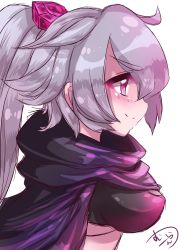 Rule 34 | 1girl, bad id, bad pixiv id, blush, breasts, cape, character request, closed mouth, commentary request, from side, hair between eyes, hair ornament, high ponytail, highres, large breasts, long hair, looking away, muuran, ponytail, profile, purple cape, purple eyes, shironeko project, signature, silver hair, simple background, sketch, smile, solo, very long hair, white background