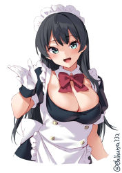 Rule 34 | 1girl, agano (kancolle), apron, black hair, blush, breasts, cowboy shot, dress, ebifurya, frills, gloves, green eyes, highres, kantai collection, large breasts, light blush, long hair, looking at viewer, maid, maid apron, maid headdress, puffy sleeves, simple background, skirt, smile, twitter username, waist apron, white background