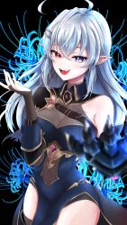 ahoge aw_works703 blue_dress breasts chest_belt cleavage covered_navel dress geega_(vtuber) geega_(vtuber)_(1st_costume) grey_eyes grey_hair hair_ornament hairpin heterochromia highres large_breasts looking_at_viewer open_mouth pointy_ears red_eyes smile solo virtual_youtuber vshojo