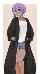 Rule 34 | 1girl, black jacket, blue shorts, blush, boots, breasts, brown background, brown footwear, closed mouth, collarbone, dark-skinned female, dark skin, denim, denim shorts, fate/prototype, fate/prototype: fragments of blue and silver, fate (series), hair between eyes, hands on own hips, hassan of serenity (fate), highres, i.u.y, jacket, knee boots, long sleeves, open clothes, open jacket, purple eyes, purple hair, shirt, short shorts, shorts, sidelocks, sleeves past wrists, small breasts, smile, solo, two-tone background, white background, white shirt