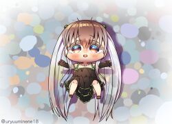 Rule 34 | 1girl, :o, absurdly long hair, bare shoulders, black dress, black gloves, blush stickers, brown eyes, chibi, cicada girl, commentary request, dress, gloves, gradient eyes, hair bobbles, hair ornament, harumina mau, highres, legs up, long hair, looking ahead, looking at viewer, lying, multicolored eyes, on back, original, personification, sandals, sleeveless, sleeveless dress, solo, straight-on, tareme, translucent hair, twitter username, very long hair, white hair