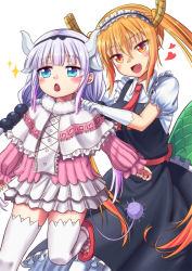 Rule 34 | 10s, 2girls, :d, blonde hair, blue eyes, capelet, commentary request, dragon girl, dragon horns, dragon tail, fang, frilled skirt, frills, hands on another&#039;s shoulders, heart, horns, kanna kamui, kobayashi-san chi no maidragon, large tail, long hair, looking at viewer, maid, maid headdress, mary janes, mizunashi hayate, multiple girls, necktie, open mouth, orange eyes, shoes, skirt, slit pupils, smile, sparkle, tail, thighhighs, tohru (maidragon), twintails, very long hair, white hair, white legwear, zettai ryouiki