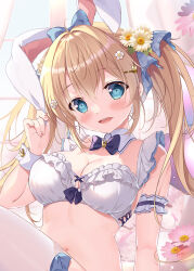 Rule 34 | 1girl, animal ears, aqua eyes, armband, blonde hair, bow, bra, breasts, cleavage, commentary request, curtains, daisy, flower, hair bow, hair flower, hair ornament, hair ribbon, hairclip, highres, indoors, long hair, looking at viewer, medium breasts, mikeou, navel, open mouth, original, rabbit ears, rabbit hair ornament, ribbon, smile, solo, teeth, thighhighs, twintails, underwear, upper teeth only, white bra, white thighhighs, window