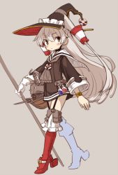 Rule 34 | 1girl, adapted costume, amatsukaze (kancolle), boots, bottle, bracelet, brown dress, brown eyes, choker, dress, frilled boots, frilled hat, frills, full body, garter straps, gloves, grey hair, hair tubes, hat, high heel boots, high heels, jewelry, kantai collection, lifebuoy, long hair, long sleeves, looking at viewer, monaka ooji, potion, red thighhighs, rensouhou-kun, sailor dress, simple background, single glove, sleeve cuffs, solo, staff, swim ring, thigh boots, thighhighs, two side up, very long hair, walking, white background, white gloves, witch hat