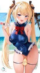 Rule 34 | 1girl, :d, azur lane, bare arms, bare shoulders, beach, between thighs, black ribbon, blonde hair, blue eyes, blue one-piece swimsuit, blush, bottle, breasts, day, dead or alive, dead or alive 5, frilled swimsuit, frills, hair ornament, hair ribbon, highres, leaning forward, long hair, looking at viewer, manjuu (azur lane), marie rose, medium breasts, ocean, one-piece swimsuit, open mouth, outdoors, palm tree, pouring, pouring onto self, reel (riru), ribbon, sand, sidelocks, smile, solo, standing, sunlight, swimsuit, teeth, tongue, tree, twintails, very long hair, water, water bottle, water drop, wet, wet clothes, wet swimsuit, x hair ornament