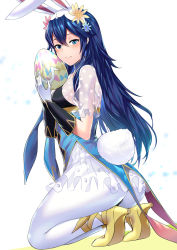Rule 34 | 1girl, ameno (a meno0), animal ears, ass, blue eyes, blue hair, blush, breasts, choker, closed mouth, dress, egg, fake animal ears, fake tail, fire emblem, fire emblem awakening, fire emblem heroes, flower, frilled dress, frilled sleeves, frills, gloves, hair ornament, high heels, highres, holding, holding egg, legs, leotard, long hair, looking at viewer, looking back, lucina (fire emblem), lucina (spring) (fire emblem), nintendo, official alternate costume, pantyhose, rabbit ears, rabbit tail, small breasts, smile, solo, squatting, symbol-shaped pupils, tail, very long hair, white gloves, white pantyhose, yellow footwear