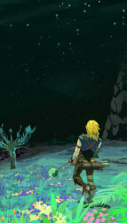 Rule 34 | 1boy, absurdres, arm strap, arrow (projectile), blonde hair, blue shirt, boots, bow (weapon), brown footwear, brown pants, chest harness, field, from behind, full body, grass, harness, highres, hill, holding, holding bow (weapon), holding weapon, landscape, link, long hair, looking ahead, male focus, nature, night, night sky, nintendo, outdoors, pants, plant, pointy ears, pra 11, quiver, scenery, shirt, sky, sleeveless, sleeveless shirt, solo, the legend of zelda, the legend of zelda: tears of the kingdom, tree, weapon