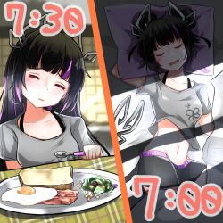 Rule 34 | 1girl, alternate costume, alternate hairstyle, bacon, bed, black hair, black shorts, blunt bangs, blush, bread slice, breakfast, breasts, closed eyes, commentary request, dameyoshi, demon girl, demon horns, demon tail, double bun, drooling, food, fried egg, grey shirt, hair bun, highres, holding, holding spoon, horns, kojo anna, long hair, medium breasts, mouth drool, multicolored hair, nanashi inc., open mouth, pillow, pointy ears, purple hair, shirt, short hair, shorts, sleeping, sleepwear, spoon, sugar lyric, tail, timestamp, toast, two-tone hair, upper body, virtual youtuber