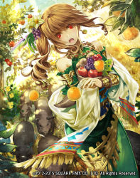Rule 34 | 1girl, apple, blush, brown hair, bun-o, carrying, cowboy shot, daffodil, dappled sunlight, day, flower, food, food-themed hair ornament, fruit, grapes, guardian cross, hair ornament, hat, holding, holding food, holding fruit, jewelry, long hair, necklace, official art, open mouth, orange (fruit), outdoors, solo, square enix, sunlight