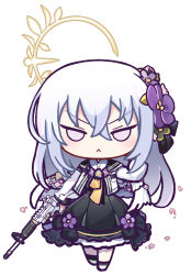 Rule 34 | 1girl, :&lt;, absurdres, assault rifle, azusa (blue archive), black dress, blue archive, blush, closed mouth, dress, flower, full body, gun, hair between eyes, hair flower, hair ornament, halo, hand up, highres, holding, holding gun, holding weapon, jacket, long hair, long sleeves, m4 carbine, open clothes, open jacket, panatisia, pink eyes, pink flower, purple flower, rifle, shoes, simple background, solo, standing, v-shaped eyebrows, v-shaped eyes, very long hair, weapon, white background, white footwear, white hair, white jacket