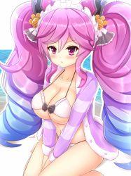 Rule 34 | 1girl, beach, bell, bikini, blush, bow, cleo (dragalia lost), closed mouth, collarbone, day, dragalia lost, frilled bikini, frills, hair bell, hair between eyes, hair ornament, jacket, kane-neko, long hair, looking at viewer, nintendo, open clothes, open jacket, outdoors, pink eyes, pink hair, sitting, solo, string bikini, swimsuit, twintails, wariza, water
