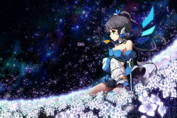 Rule 34 | 1girl, black hair, cici, flower, highres, luo tianyi, necktie, night, night sky, skirt, sky, solo, space, star (sky), star (symbol), vocaloid