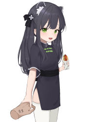 Rule 34 | 1girl, 1other, animal ear fluff, animal ears, bad id, bad twitter id, black dress, black hair, blue archive, china dress, chinese clothes, disembodied hand, dress, food, green eyes, highres, holding hands, hot dog, long hair, open mouth, short sleeves, shun (blue archive), shun (small) (blue archive), simple background, smile, thighhighs, tiger ears, tiger girl, twintails, white background, white thighhighs, yonchan