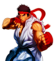 Rule 34 | 1boy, bosnoheya, brown hair, capcom, clenched hands, fighting stance, headband, looking at viewer, male focus, muscular, ryu (street fighter), serious, simple background, solo, street fighter, yamamiya hiroshi