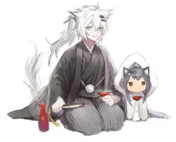 Rule 34 | 1girl, ahoge, alternate costume, alternate hairstyle, animal ears, arknights, black kimono, bottle, choko (cup), cup, dal-gi, folded fan, folding fan, grey eyes, hair ornament, hairclip, hand fan, highres, holding, holding cup, holding fan, japanese clothes, kimono, lappland (arknights), looking at viewer, ponytail, scar, scar across eye, seiza, simple background, sitting, smile, solo, tail, texas (arknights), white background, white hair, wolf ears, wolf girl, wolf tail