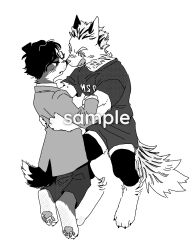 Rule 34 | 2boys, absurdres, akaashi keiji, animal ears, arm grab, body fur, bokuto koutarou, chengongzi123, closed mouth, coat, collared coat, deformed, digitigrade, dog boy, dog ears, dog tail, full body, furrification, furrowed brow, furry, furry male, greyscale, haikyuu!!, highres, knee pads, licking lips, long sleeves, looking at another, male focus, monochrome, multicolored hair, multiple boys, pants, sample watermark, short hair, short sleeves, shorts, simple background, sportswear, streaked hair, tail, tongue, tongue out, very short hair, volleyball uniform, watermark, white background, wolf boy, wolf ears, wolf tail