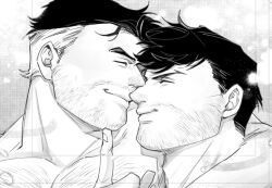 Rule 34 | 2boys, adam&#039;s apple, bara, beard stubble, bishie sparkle, bruce wayne, clark kent, couple, dc comics, face-to-face, facial hair, from side, gradient hair, greyscale, happy, male focus, mature male, monochrome, multicolored hair, multiple boys, muscular, muscular male, mustache stubble, pectorals, profile, smile, sparse chest hair, stubble, thick eyebrows, thick neck, unfinished, upper body, whoshibai xianggua, yaoi