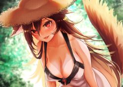 Rule 34 | 1girl, animal ears, bare shoulders, blush, breasts, brooch, brown hair, cleavage, collarbone, dress, hat, imaizumi kagerou, jewelry, large breasts, long hair, looking at viewer, mokokiyo (asaddr), no bra, open mouth, red eyes, slit pupils, smile, solo, straw hat, sundress, tail, tan, tanline, touhou, wolf ears, wolf tail