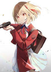 Rule 34 | 1girl, backpack, bag, blonde hair, blue bow, bow, center axis relock stance, closed mouth, commentary request, dress, gradient background, grey background, gun, hair ribbon, handgun, hands up, headset, highres, holding, holding gun, holding weapon, long sleeves, lycoris recoil, m1911, mayogii, nishikigi chisato, pleated dress, red dress, red eyes, red ribbon, ribbon, solo, two-handed, v-shaped eyebrows, weapon, white background, white dress