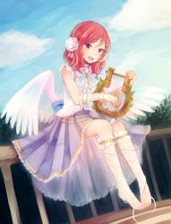 Rule 34 | 10s, 1girl, :d, ankle lace-up, arm garter, bare shoulders, barefoot, blouse, bow, cross-laced footwear, day, feathered wings, feet, flower, frilled legwear, full body, hair flower, hair ornament, harp, headset, instrument, love live!, love live! school idol festival, love live! school idol project, low wings, mozukuzu (manukedori), music, nishikino maki, on railing, open mouth, outdoors, playing instrument, purple skirt, railing, red eyes, red hair, shirt, short hair, sitting, skirt, sky, sleeveless, smile, solo, swept bangs, white bow, white shirt, white wings, wings
