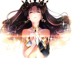 Rule 34 | 1girl, armlet, asymmetrical sleeves, black ribbon, bra, bridal gauntlets, brown hair, choker, closed eyes, collarbone, crown, earrings, fate/grand order, fate (series), floating hair, hair ornament, hair ribbon, hands up, head back, hoop earrings, ishtar (fate), jewelry, light particles, long hair, mady (madine08260), midriff, navel, neck, parted bangs, parted lips, revealing clothes, ribbon, simple background, solo, sparkle, stomach, strapless, strapless bra, twintails, two side up, type-moon, underwear, underwear only, uneven sleeves, upper body, very long hair, white background