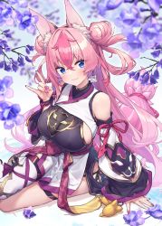 Rule 34 | 1girl, animal ears, baffu, blue eyes, breasts, cleavage, double bun, dress, fox ears, fox girl, hair bun, halloween, halloween costume, highres, hitoyo (baffu), japanese clothes, large breasts, looking at viewer, lying, on side, original, pink hair, smile, solo, source request, thighs