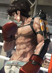 Rule 34 | 10s, 6+boys, abs, bandages, black hair, boxing gloves, eyepatch, facial hair, highres, indoors, jhc kai, joe (megalo box), looking to the side, male focus, megalo box, middle finger, multiple boys, muscular, mustache, nanbu gansatsu, navel, scar, shorts, sideburns