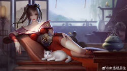 Rule 34 | 1girl, absurdres, artist request, bare shoulders, boots, brown hair, censer, chair, chi lian (qinshi mingyue), closed mouth, dress, folding screen, hand on own thigh, highres, lantern, light particles, looking at viewer, lying, multi-tied hair, off-shoulder dress, off shoulder, qinshi mingyue, red dress, red nails, second-party source, solo