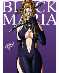 Rule 34 | 1girl, alternate costume, bbdbg03, black maria (one piece), blonde hair, blue eyes, breasts, dress, female focus, highres, horns, katana, large breasts, looking at viewer, midriff, navel, one piece, solo, sword, thick thighs, thighs, weapon