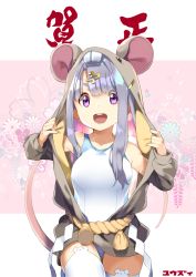 Rule 34 | 1girl, :d, animal ear legwear, animal ears, animal hood, bare shoulders, breasts, commentary request, competition swimsuit, fake animal ears, floral background, grey hair, grey jacket, hair ornament, hood, hood up, hooded jacket, jacket, long sleeves, mouse ears, mouse girl, mouse hood, mouse tail, nengajou, new year, one-piece swimsuit, open mouth, original, purple eyes, round teeth, short eyebrows, small breasts, smile, solo, swimsuit, swimsuit under clothes, tail, tail raised, teeth, thick eyebrows, thighhighs, upper teeth only, v-shaped eyebrows, white one-piece swimsuit, white thighhighs, yuuzii
