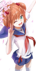 Rule 34 | 1girl, :d, blue sailor collar, blue skirt, blurry, blurry background, bow, bowtie, branch, breasts, cherry blossoms, commentary, cowboy shot, depth of field, dress shirt, falling petals, fang, floating clothes, flower, foreshortening, frilled thighhighs, frills, from above, green eyes, hair bobbles, hair ornament, highres, kataoka yuuki, kiyosumi school uniform, looking up, mamaa (maeni6379), neck ribbon, neckerchief, one eye closed, open mouth, orange hair, outstretched arm, petals, pink flower, pleated skirt, red bow, red bowtie, red neckerchief, red ribbon, ribbon, sailor collar, saki (manga), school uniform, serafuku, shirt, short hair, short sleeves, skirt, small breasts, smile, solo, stuffed animal, stuffed cat, stuffed toy, thighhighs, two side up, v, v-shaped eyebrows, white background, white shirt, white thighhighs, white undershirt, wind