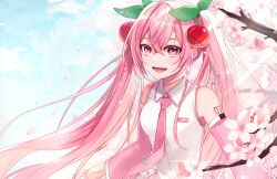 Rule 34 | 1girl, absurdres, cherry blossoms, cherry hair ornament, collared shirt, day, detached sleeves, flower, food-themed hair ornament, hair ornament, hatsune miku, highres, ichimishiyu, long hair, long sleeves, looking at viewer, necktie, open mouth, pink eyes, pink hair, sakura miku, shirt, sky, sleeveless, sleeveless shirt, smile, solo, twintails, very long hair, vocaloid