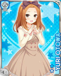 Rule 34 | 1girl, :d, blue background, bow, brown bow, brown dress, brown eyes, card, character name, collarbone, dress, girlfriend (kari), hair bow, long hair, long sleeves, looking at viewer, official art, open mouth, orange hair, otowa yuri, pink bow, qp:flapper, smile, solo, straight hair, tagme