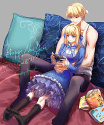 Rule 34 | 10s, 1boy, 1girl, 2015, alternate costume, artoria pendragon (all), artoria pendragon (fate), blonde hair, blue dress, calbee (potato chips), chips (food), dress, earrings, fate/stay night, fate (series), food, frilled dress, frills, gilgamesh (fate), highres, jewelry, lorein, playing games, product placement, saber (fate), sensha otoko, socks