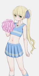 Rule 34 | 1girl, bare arms, blonde hair, blush, cheerleader, closed mouth, collarbone, crop top, flat chest, green eyes, highres, holding, holding pom poms, kneehighs, long hair, looking at viewer, miniskirt, mustee, narrow waist, navel, original, pleated skirt, pom pom (cheerleading), pom poms, side ponytail, sidelocks, simple background, skinny, skirt, sleeveless, slim legs, socks, solo, standing, very long hair, white background