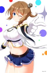 Rule 34 | 1girl, ;), anchor, azur lane, bare shoulders, blue capelet, blue eyes, blue skirt, blush, braid, breasts, brown hair, capelet, commentary request, cowboy shot, criss-cross halter, crop top, finger gun, french braid, gloves, hair between eyes, halterneck, hat, highres, kamishiro (rsg10679), large breasts, looking at viewer, midriff, mini hat, miniskirt, navel, one eye closed, pleated skirt, ponytail, repulse (azur lane), short hair, sidelocks, skirt, smile, solo, standing, thighhighs, twitter username, white background, white gloves, white thighhighs
