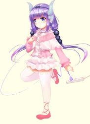 Rule 34 | 10s, 1girl, absurdres, blue eyes, cable, capelet, dianli xinhao, dragon girl, dragon horns, dragon tail, electric plug, electrical outlet, hair bobbles, hair ornament, hairband, highres, horns, kanna kamui, kobayashi-san chi no maidragon, light purple hair, low twintails, mary janes, parted lips, shoes, simple background, sketch, solo, standing, standing on one leg, tail, thighhighs, thighs, twintails, white background, zettai ryouiki