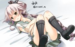 Rule 34 | &gt;:(, 10s, 1girl, black bow, black ribbon, blush, boots, bow, breast hold, breasts, character name, cleavage, collarbone, frown, green eyes, green skirt, hair bow, hair flaps, hair ribbon, kantai collection, knee boots, knees up, long hair, looking at viewer, lying, noe noel, nose blush, on back, on bed, one-hour drawing challenge, panties, pink hair, pleated skirt, ponytail, ribbon, school uniform, serafuku, short sleeves, skirt, solo, striped clothes, striped panties, torn clothes, torn skirt, tsurime, twitter username, underwear, v-shaped eyebrows, very long hair, wallpaper, yura (kancolle)
