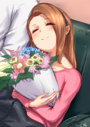 Rule 34 | 1boy, 1girl, bad id, bad pixiv id, bouquet, brown hair, couch, closed eyes, flower, happy, holding, holding bouquet, idolmaster, idolmaster (classic), jewelry, leaf, leaning on person, minase iori, necklace, pink shirt, rose, shirt, signature, yoshiwa tomo